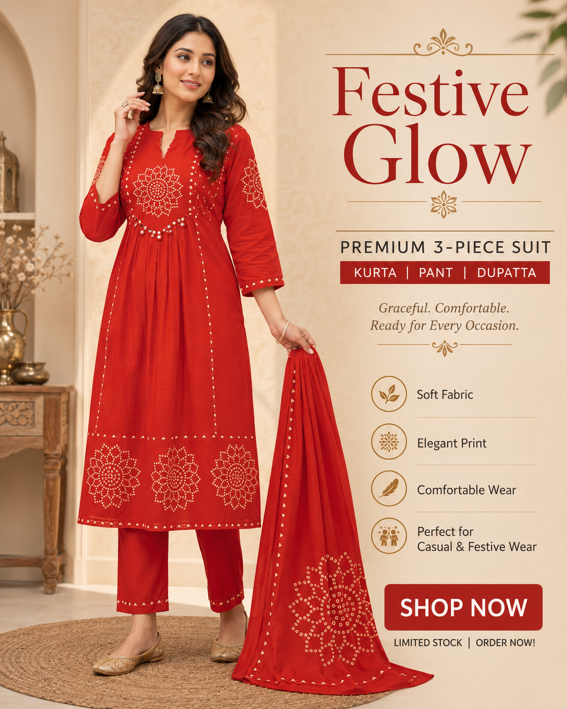 Stunning Bandhni Three-Piece Suit