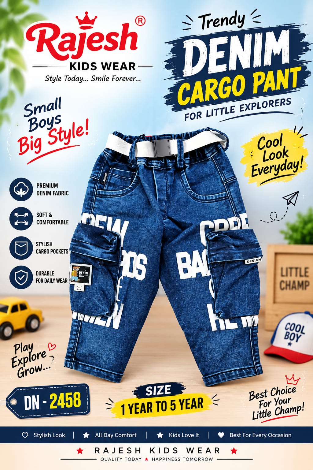 Stylish Denim Cargo Pants For Boys