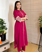 New Beet Cotton Embroidered A-Line Kurta Pant Set For Women