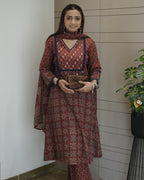 Red Cotton A-Line Kurta Palazzo Set With Dupatta