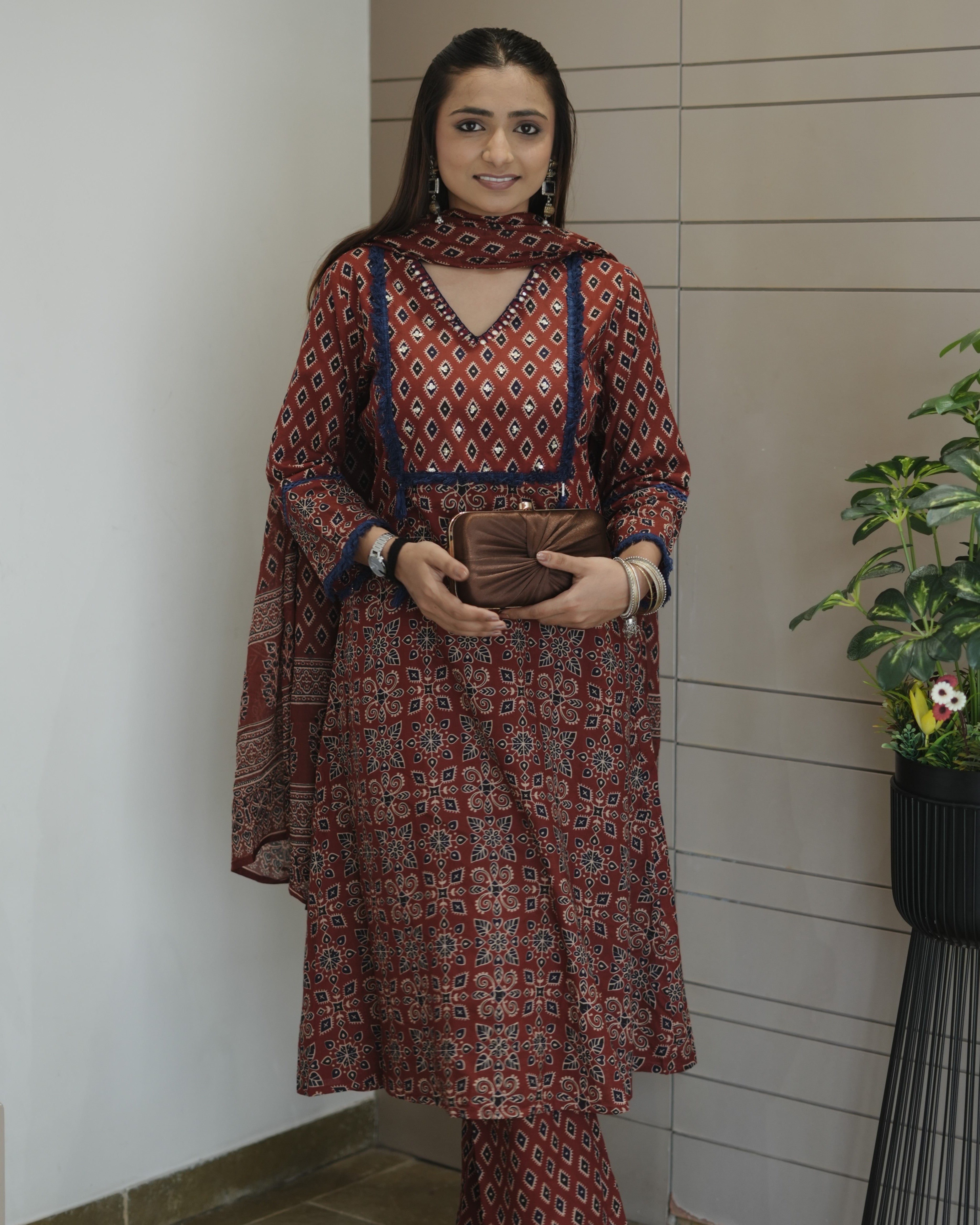 Red Cotton A-Line Kurta Palazzo Set With Dupatta