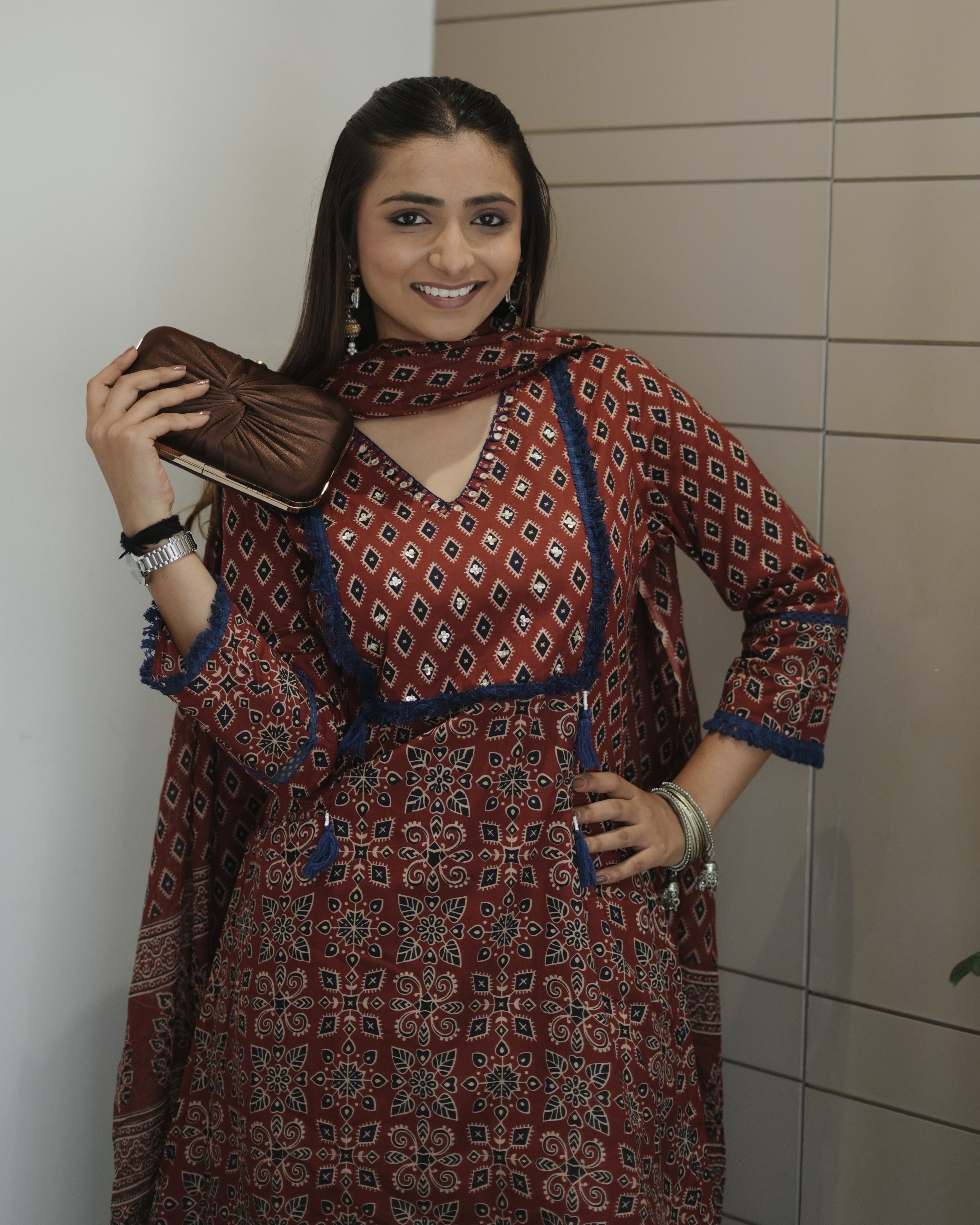 Red Cotton A-Line Kurta Palazzo Set With Dupatta
