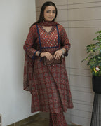 Red Cotton A-Line Kurta Palazzo Set With Dupatta