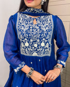 Royal Blue Aline Kurta Pant Set With Dupatta