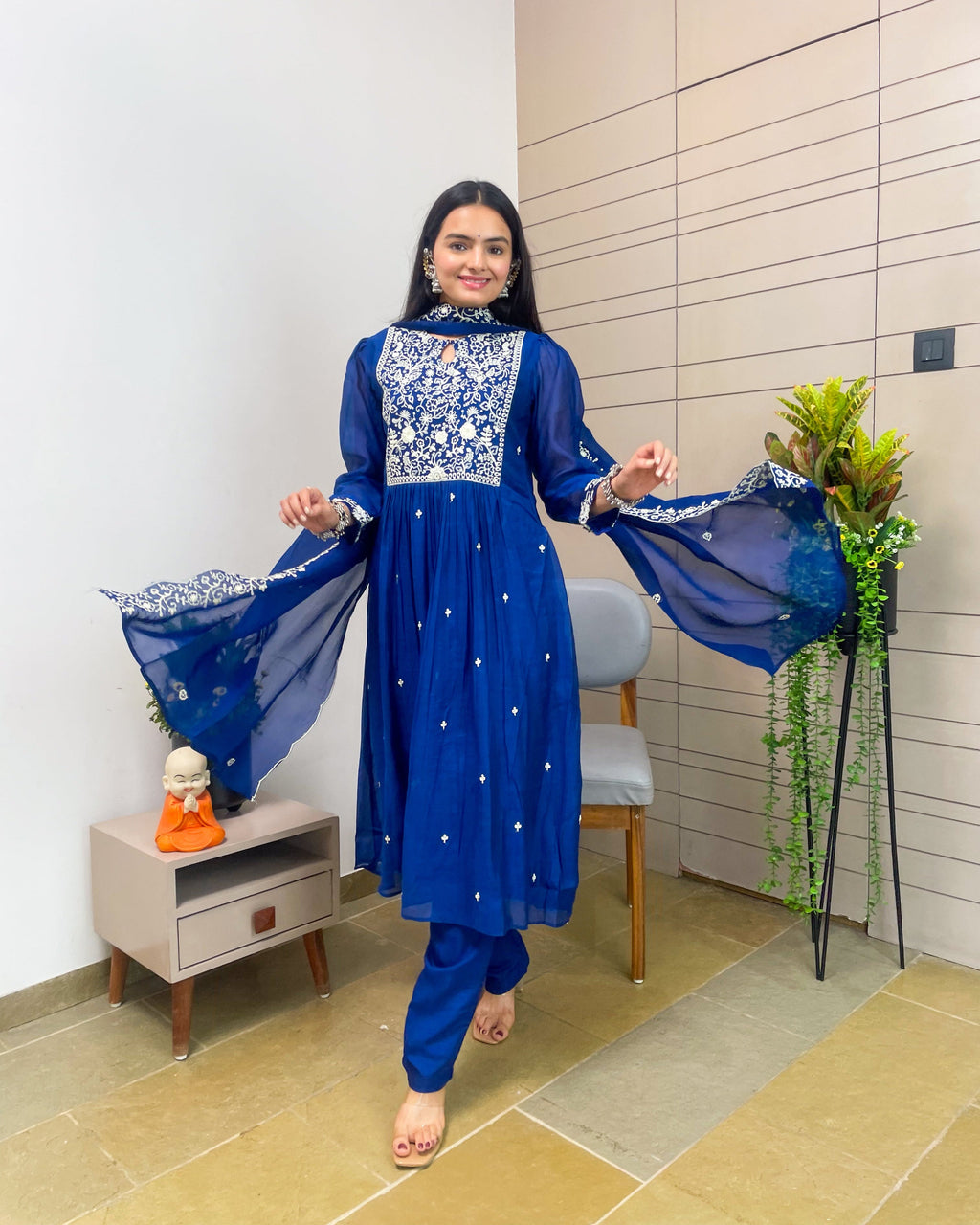 Royal Blue Aline Kurta Pant Set With Dupatta