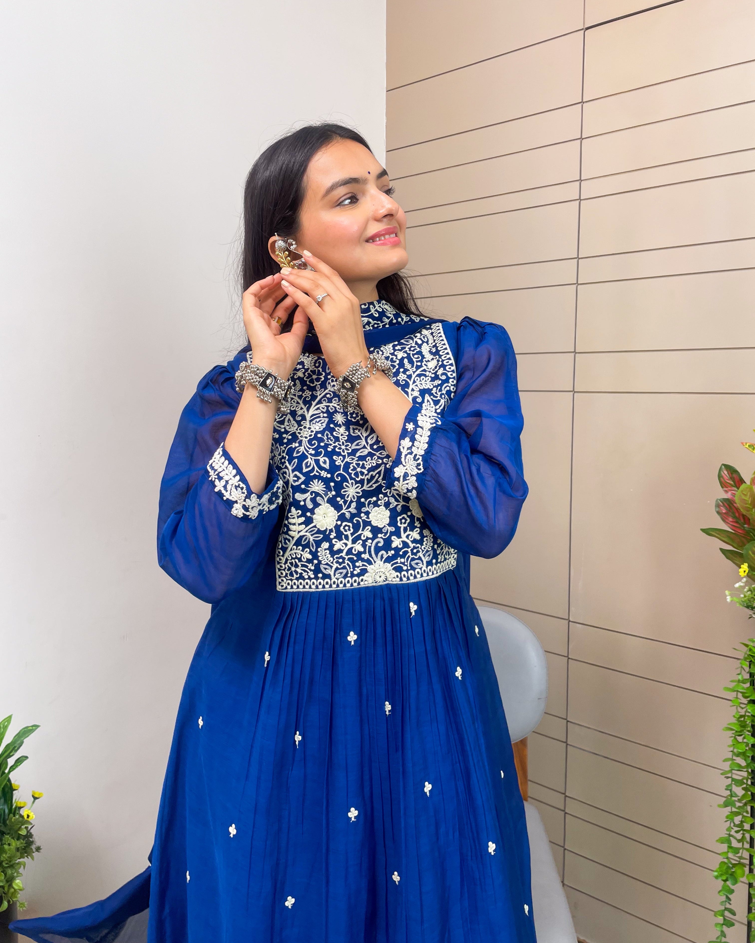 Royal Blue Aline Kurta Pant Set With Dupatta