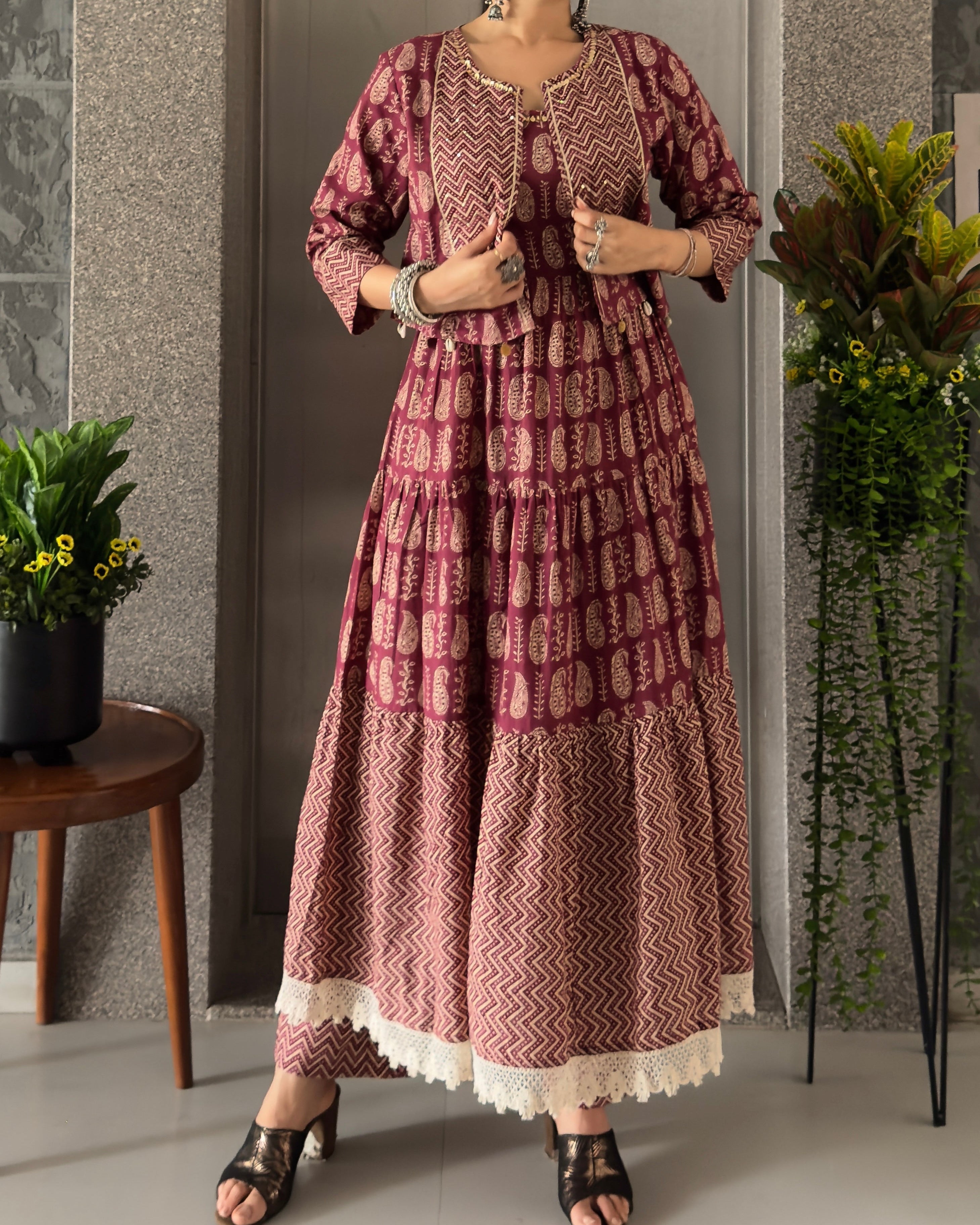 Wine Anarkali Cotton Kurta Pant Set with Jacket & Dupatta