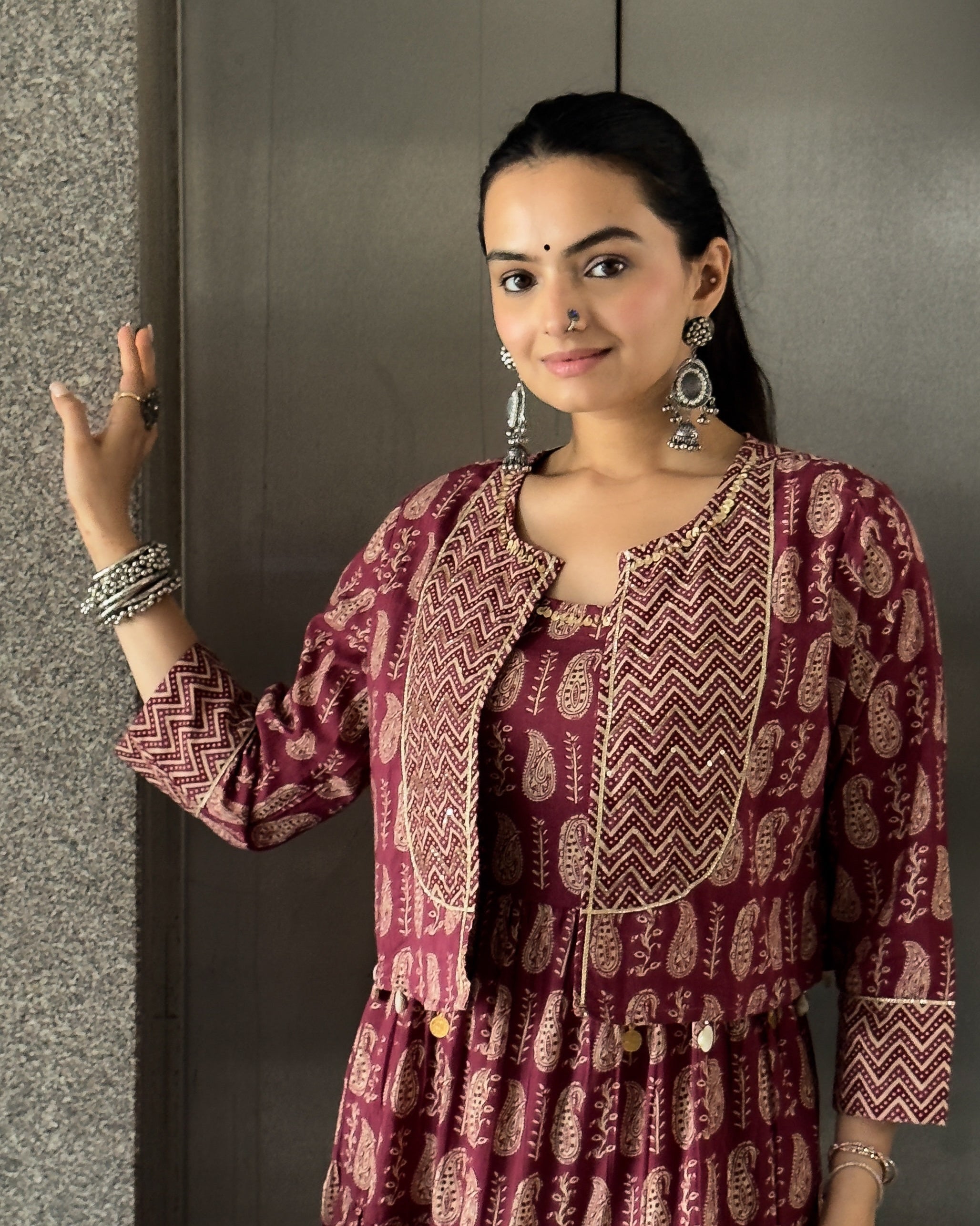 Wine Anarkali Cotton Kurta Pant Set with Jacket & Dupatta