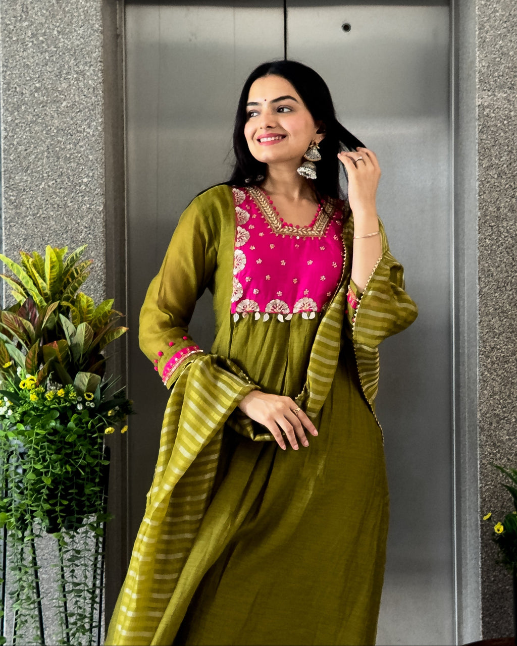Mehndi A-Line Kurta Pant Set With Dupatta
