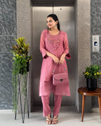 Pink A-Line Mal Chanderi Kurta Pant Set For Women