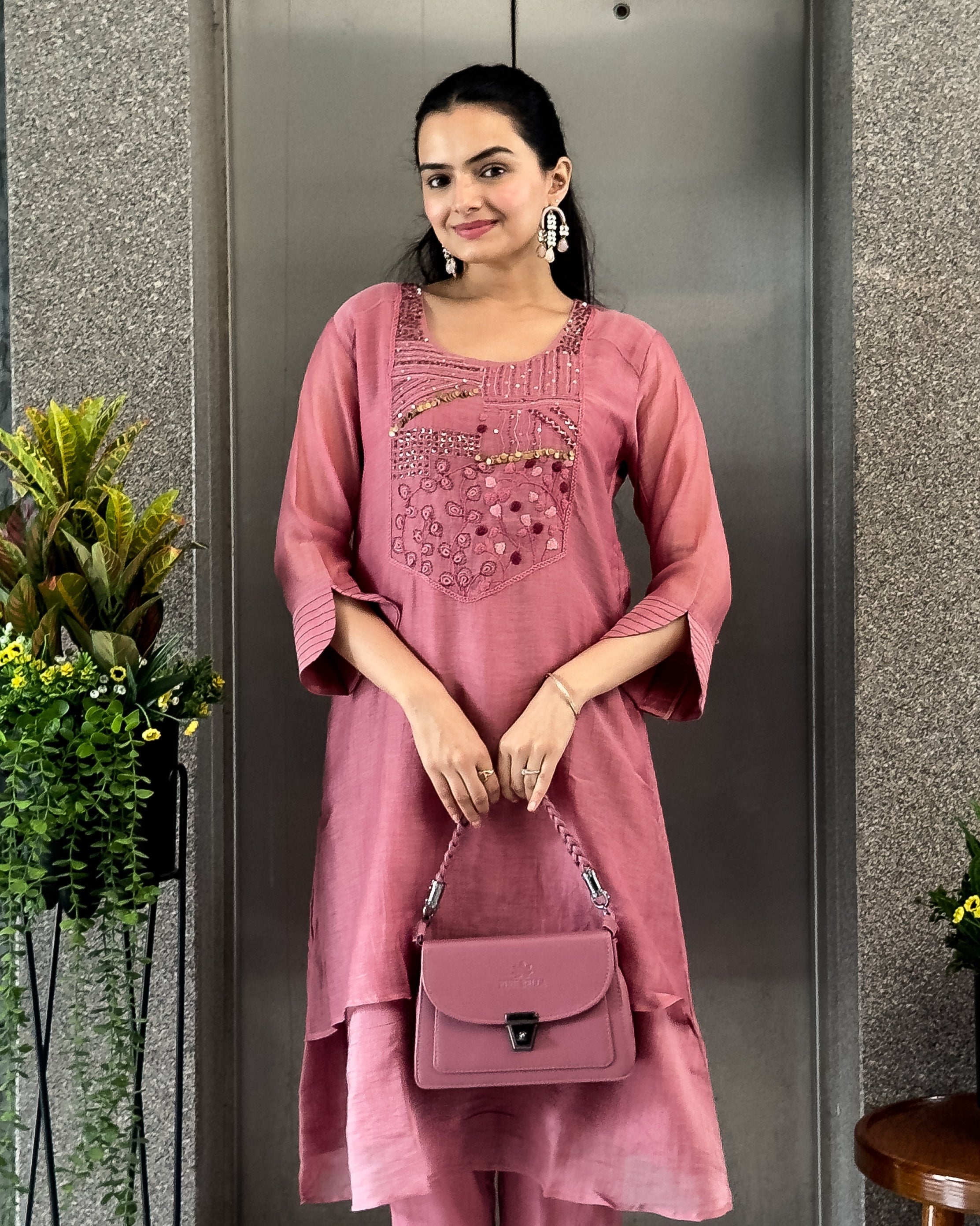 Pink A-Line Mal Chanderi Kurta Pant Set For Women