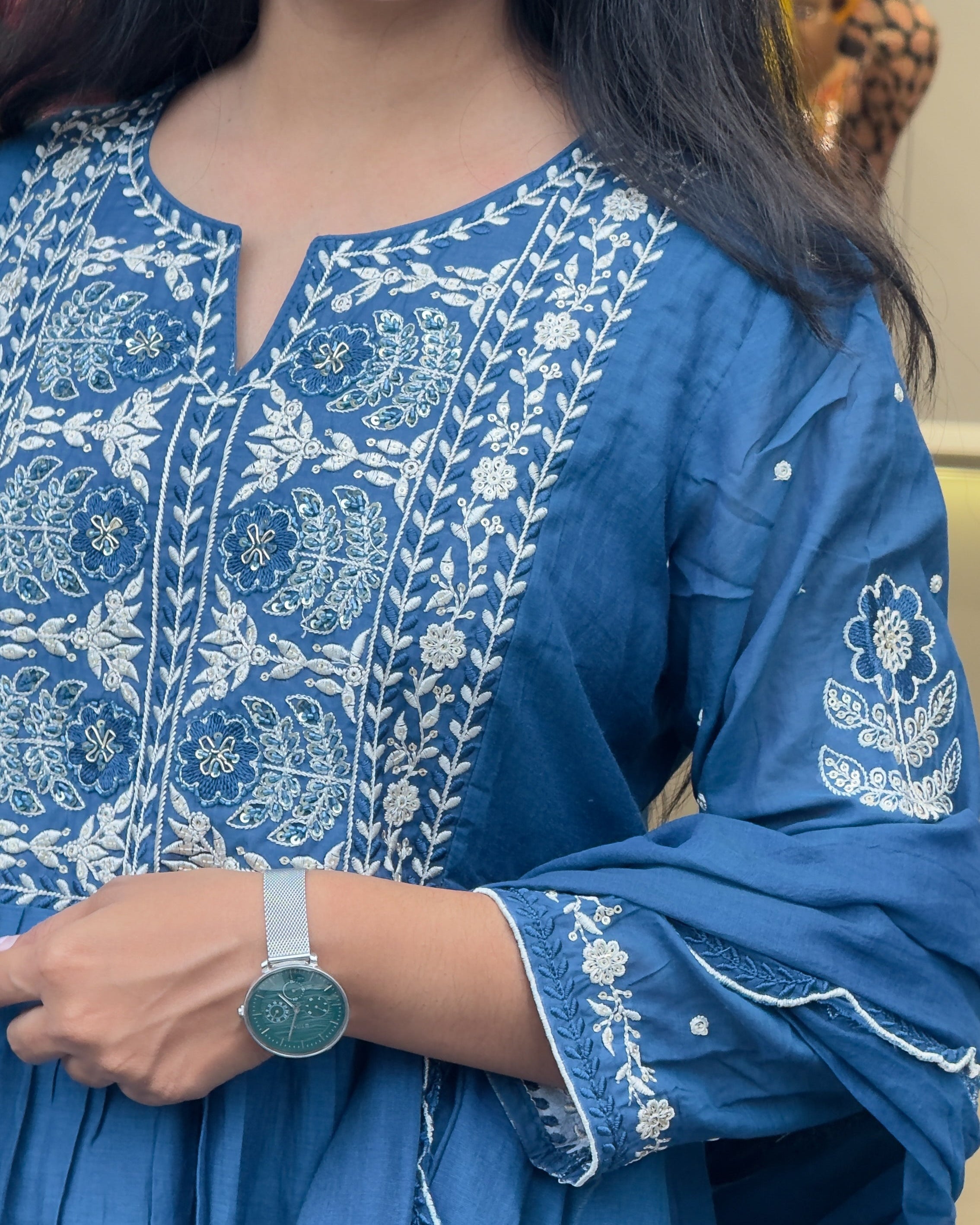 Mal Chanderi A-Line Round Kurta Pant Set With Dupatta