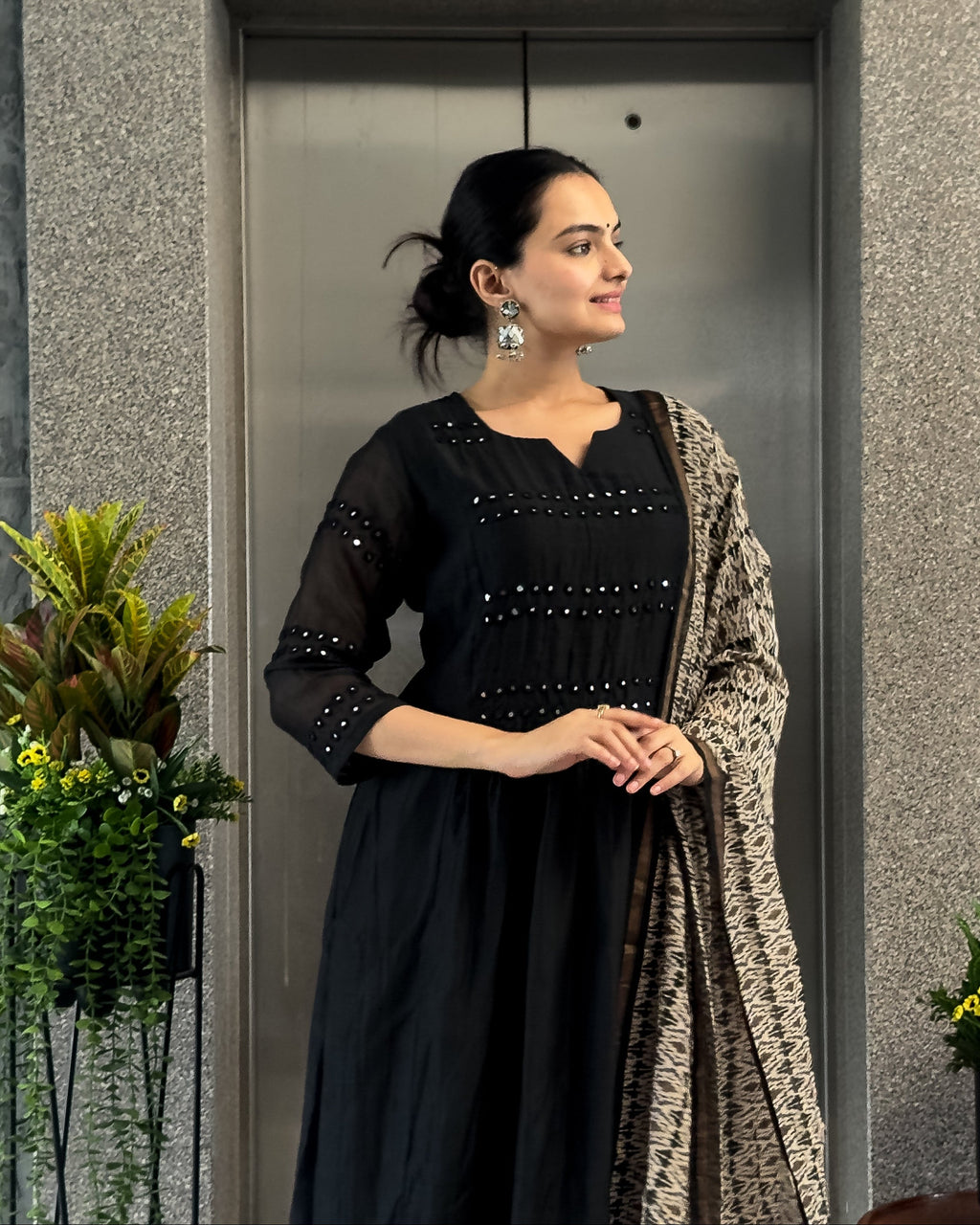 Black A-Line Round Kurta Pant Set with Dupatta
