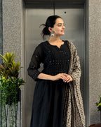Black A-Line Round Kurta Pant Set with Dupatta