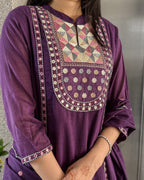 Purple A-line Kurta Pant Set with Dupatta