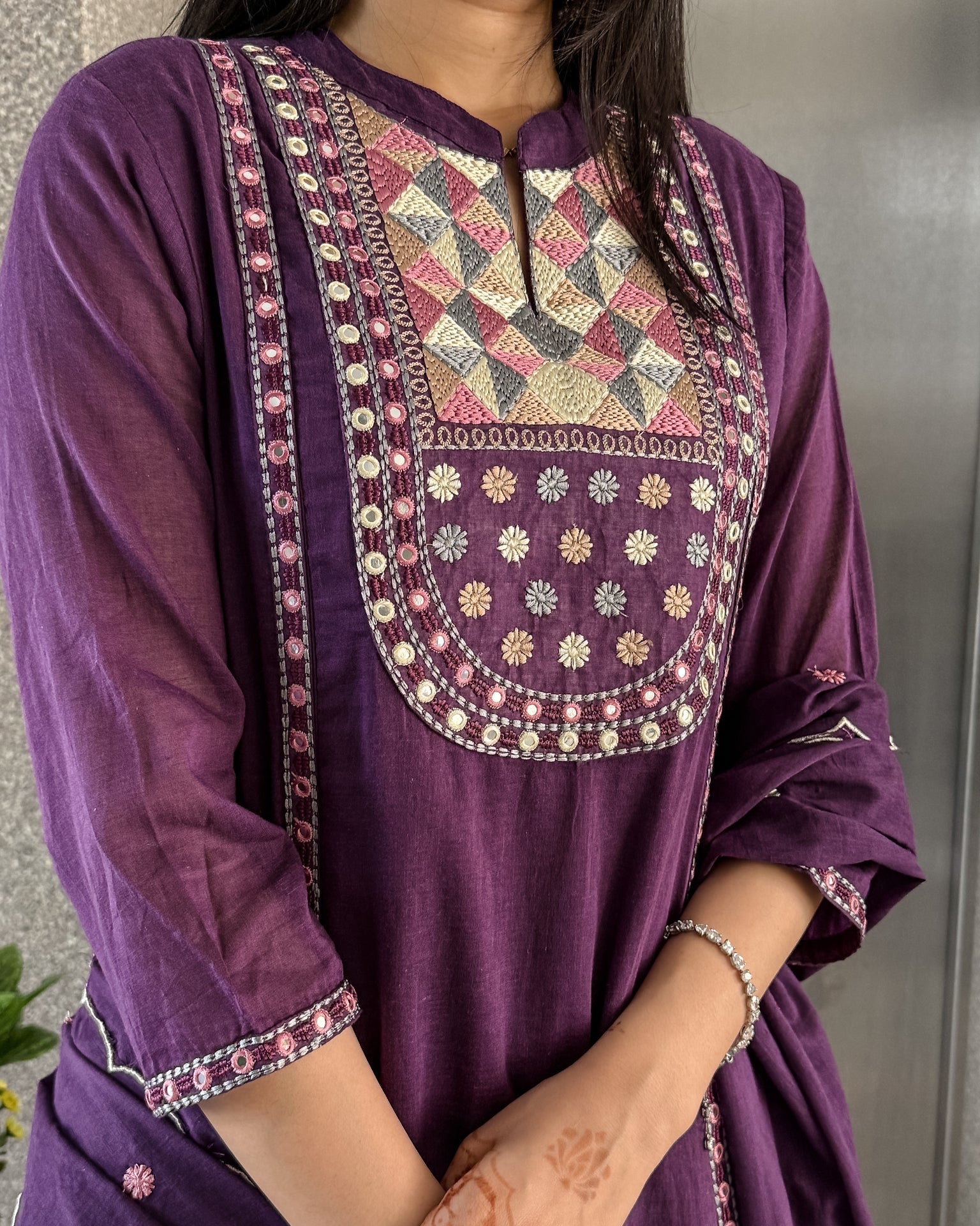 Purple A-line Kurta Pant Set with Dupatta