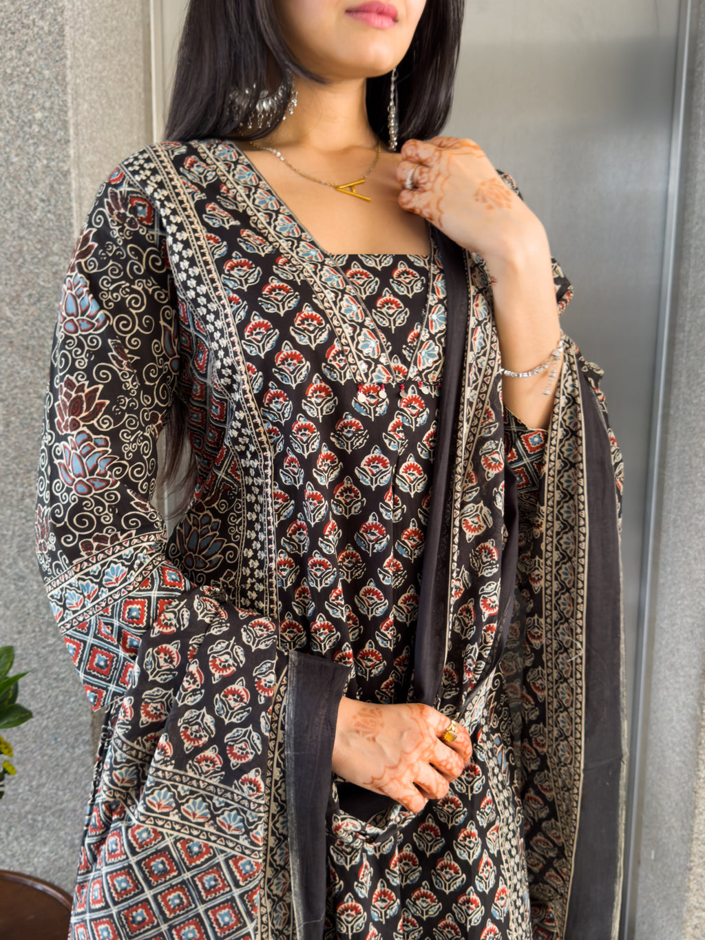 Black Printed Kurta Palazzo Set with Dupatta