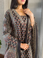 Black Printed Kurta Palazzo Set with Dupatta