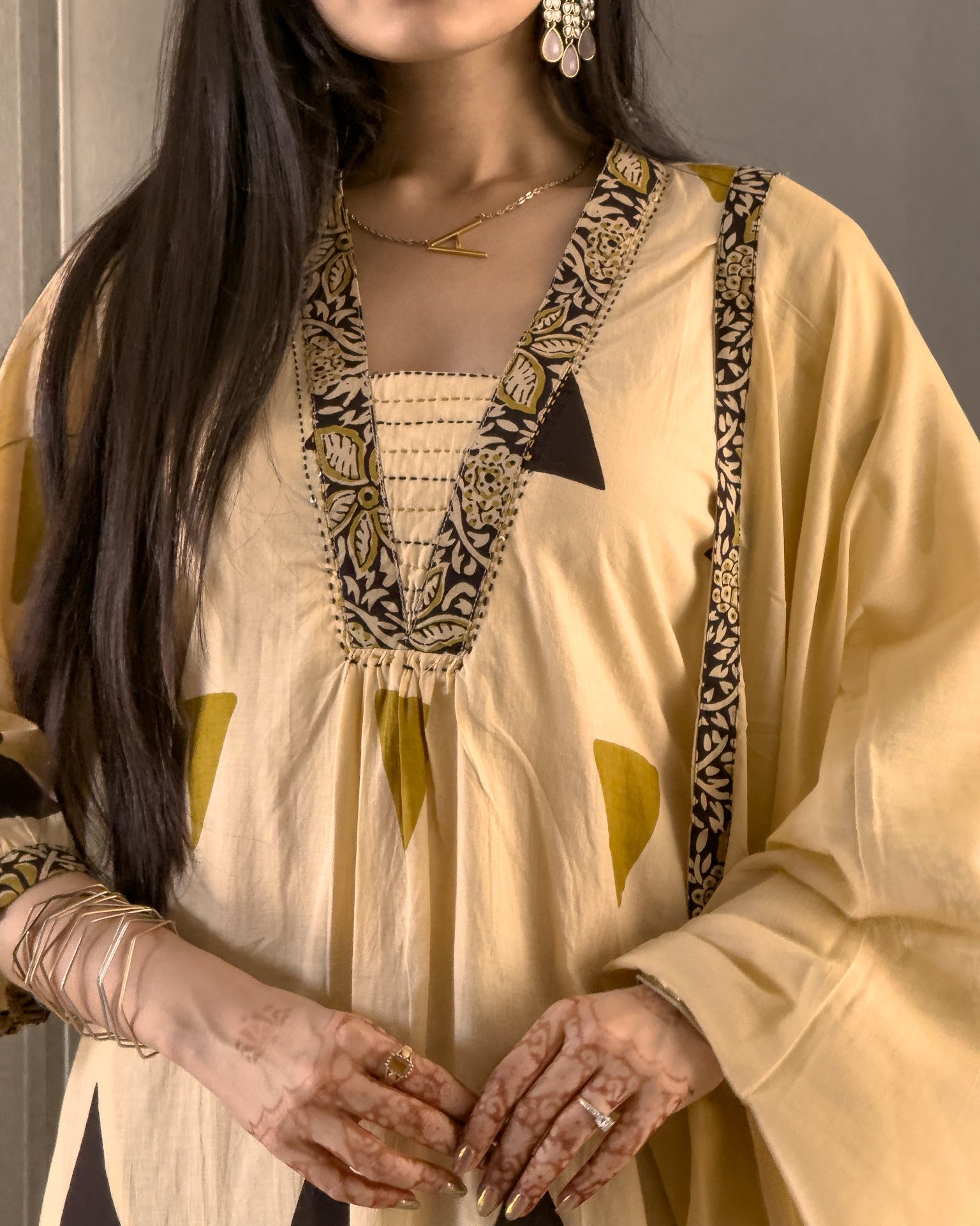 Cream A-Line Kurta Palazzo Set with Dupatta