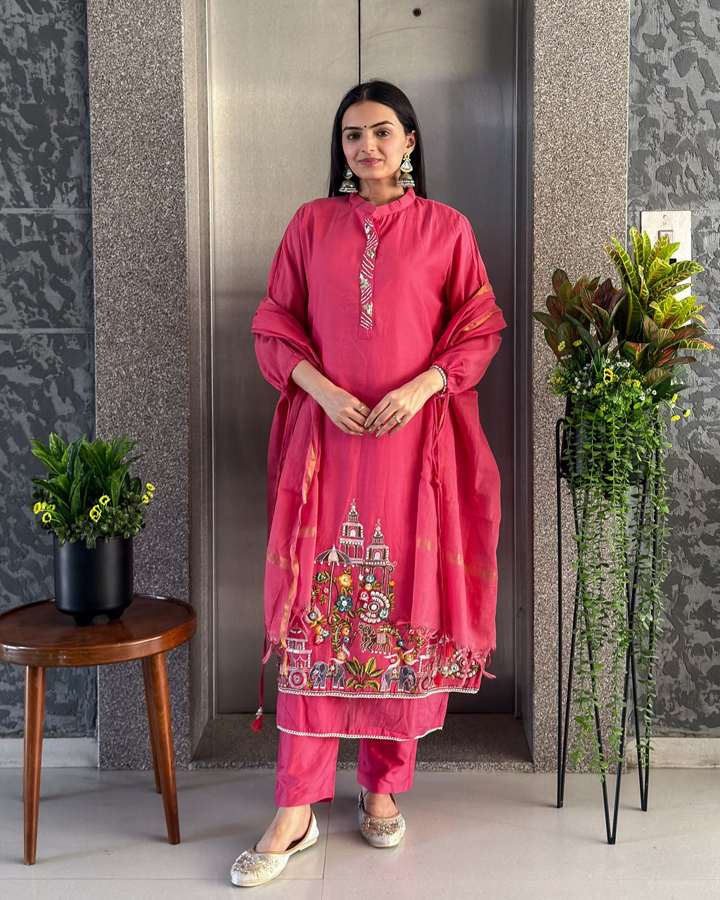 Pink A Line Kurta Pant Set with Dupatta