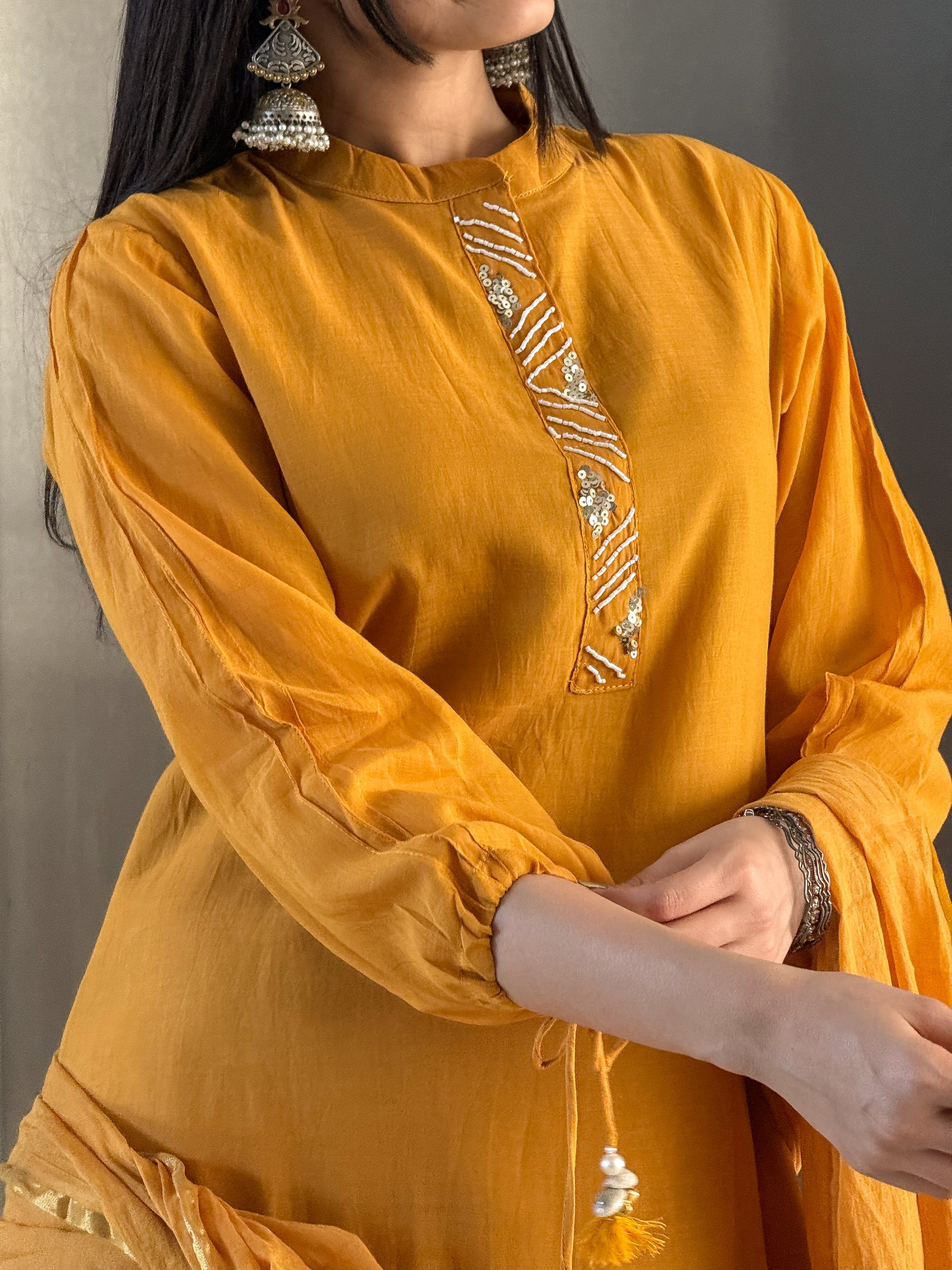 Mustard A Line Round Kurta Pant Set with Dupatta