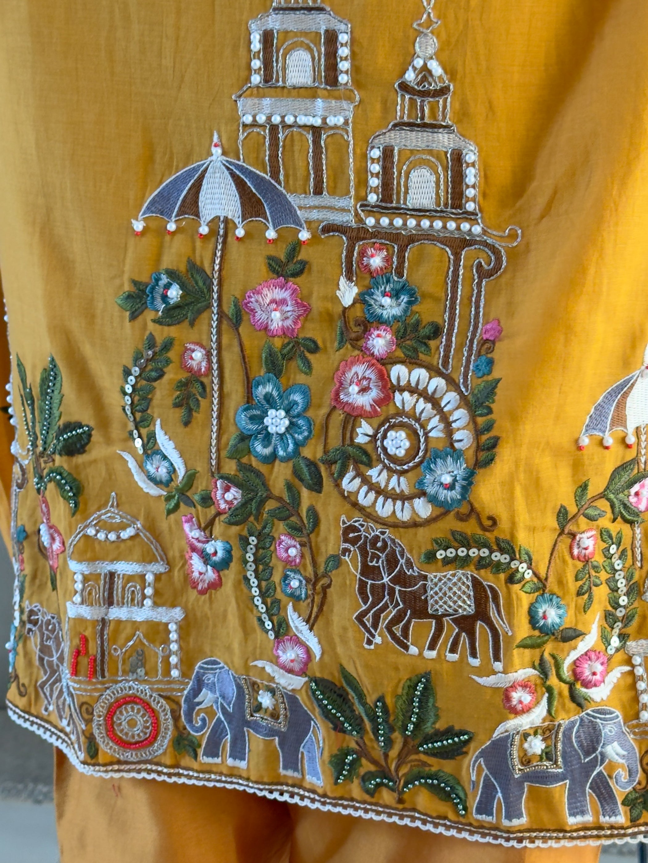 Mustard A Line Round Kurta Pant Set with Dupatta