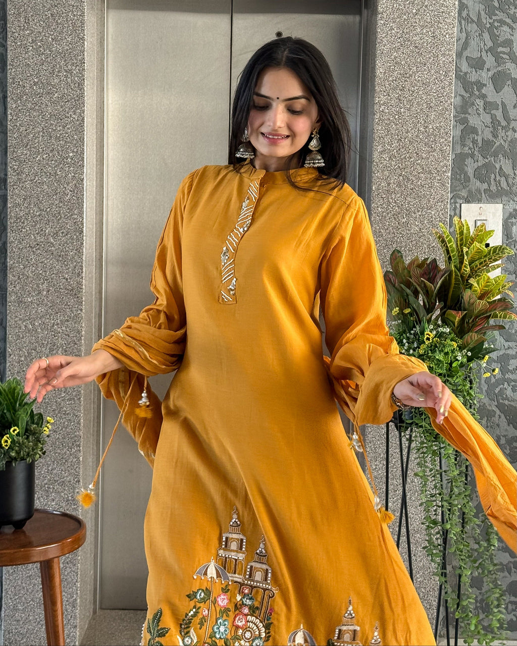 Mustard A Line Round Kurta Pant Set with Dupatta