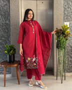 Red A Line Round Kurta Pant Set with Dupatta