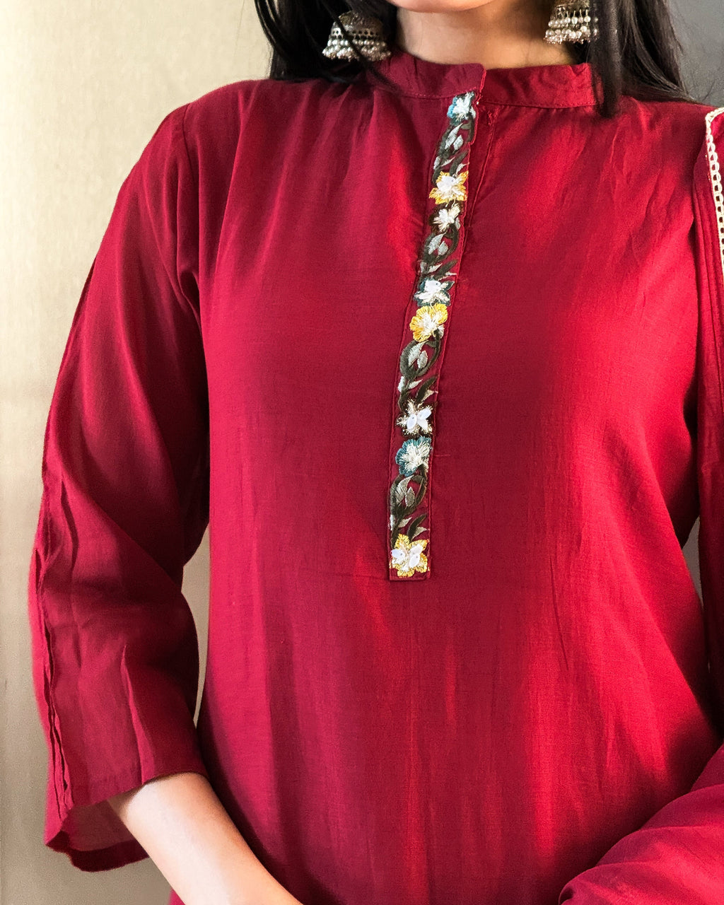 Red A Line Round Kurta Pant Set with Dupatta