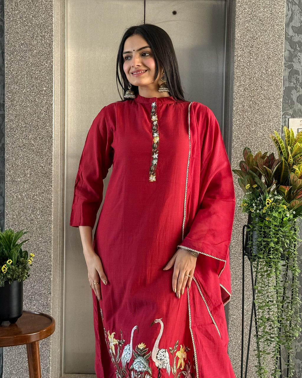Red A Line Round Kurta Pant Set with Dupatta