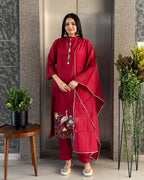 Red A Line Round Kurta Pant Set with Dupatta