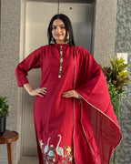 Red A Line Round Kurta Pant Set with Dupatta