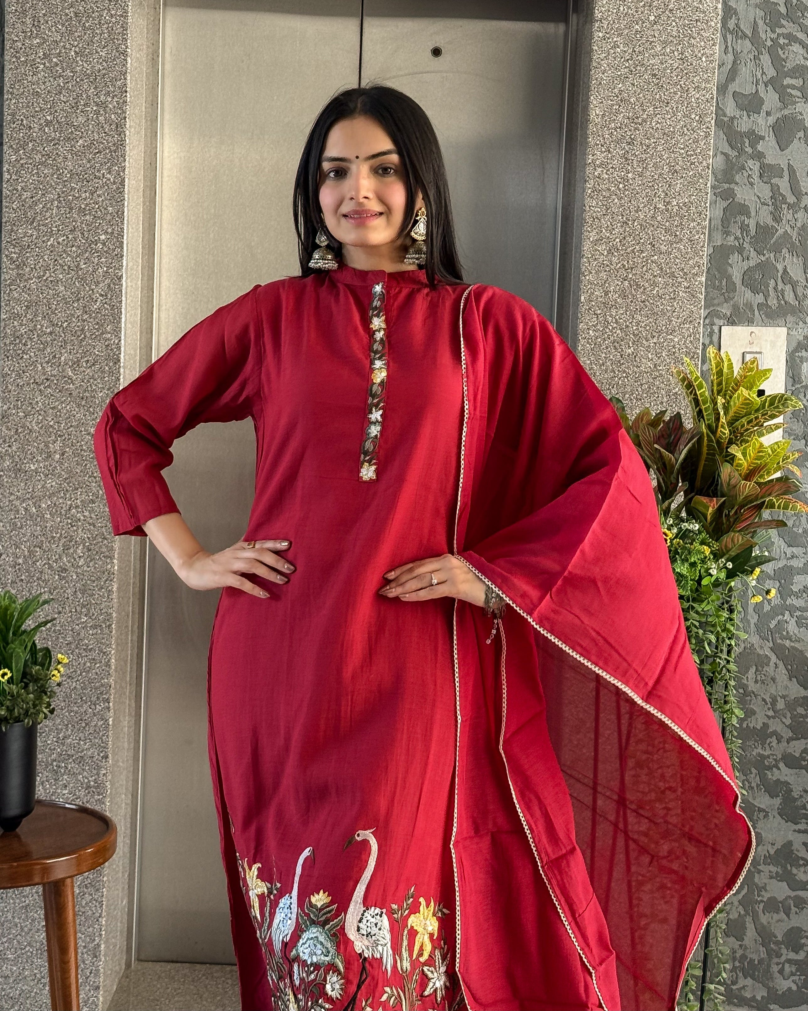 Red A Line Round Kurta Pant Set with Dupatta