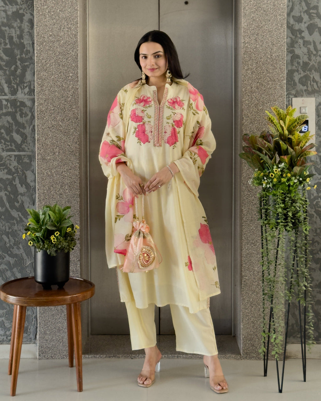 Light Yellow A-Line Kurta Pant Set With Dupatta