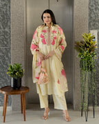 Light Yellow A-Line Kurta Pant Set With Dupatta