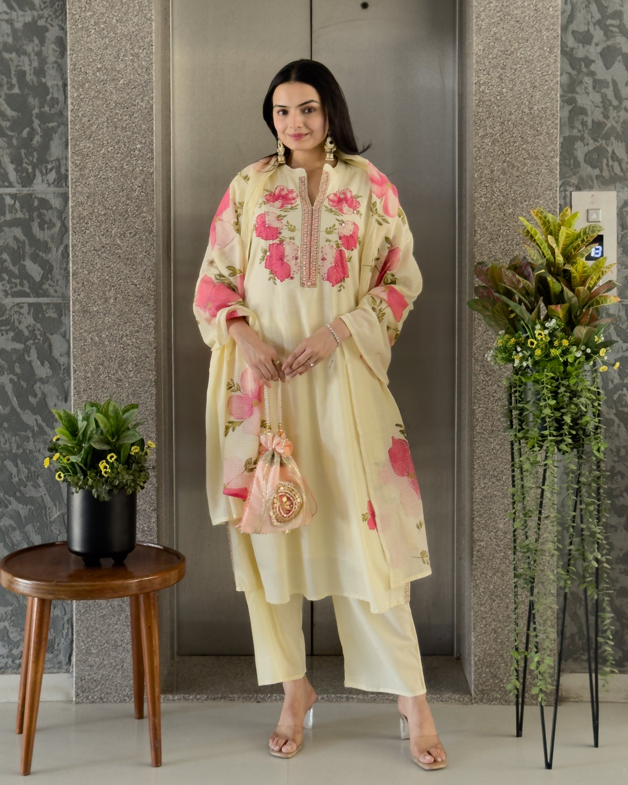 Light Yellow A-Line Kurta Pant Set With Dupatta