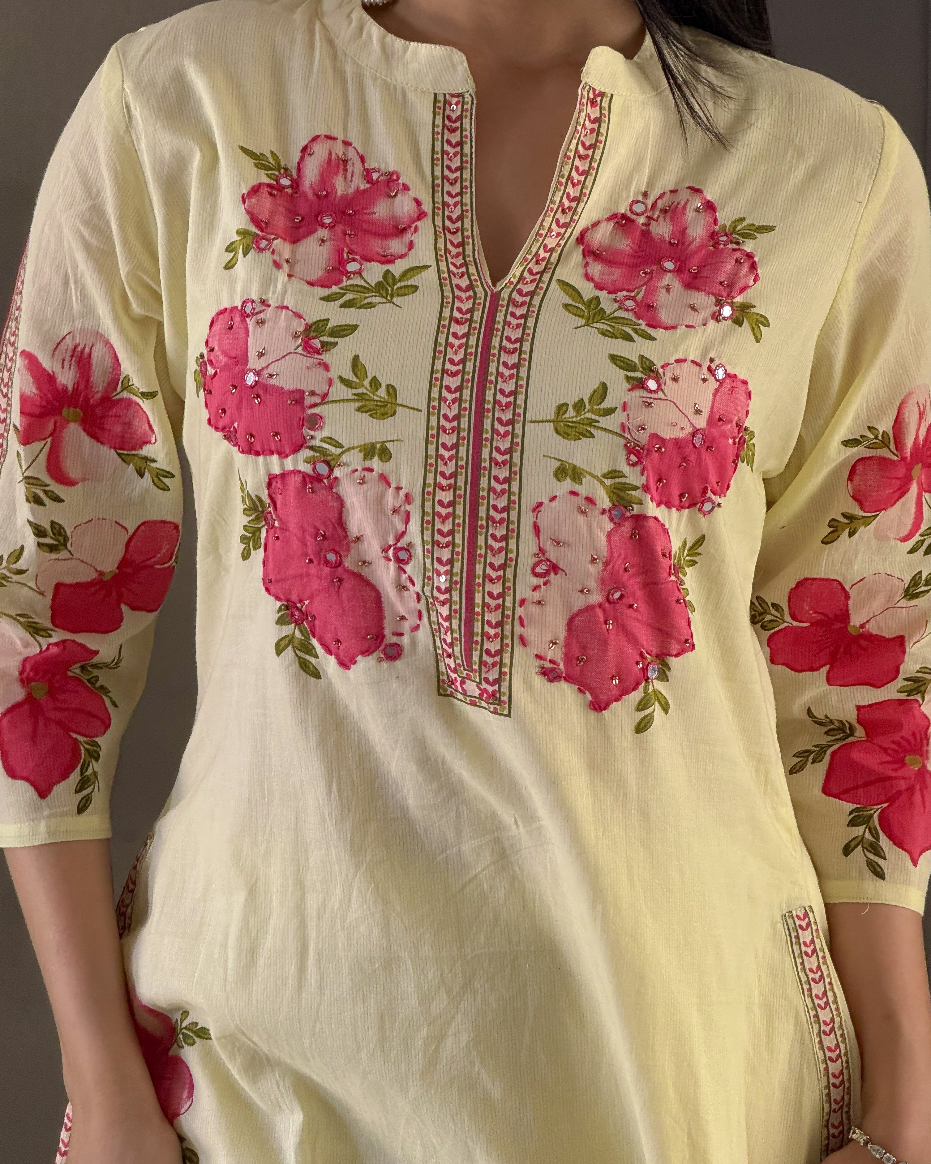Light Yellow A-Line Kurta Pant Set With Dupatta