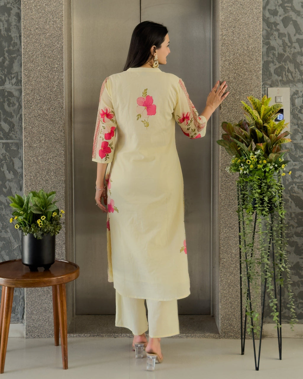 Light Yellow A-Line Kurta Pant Set With Dupatta