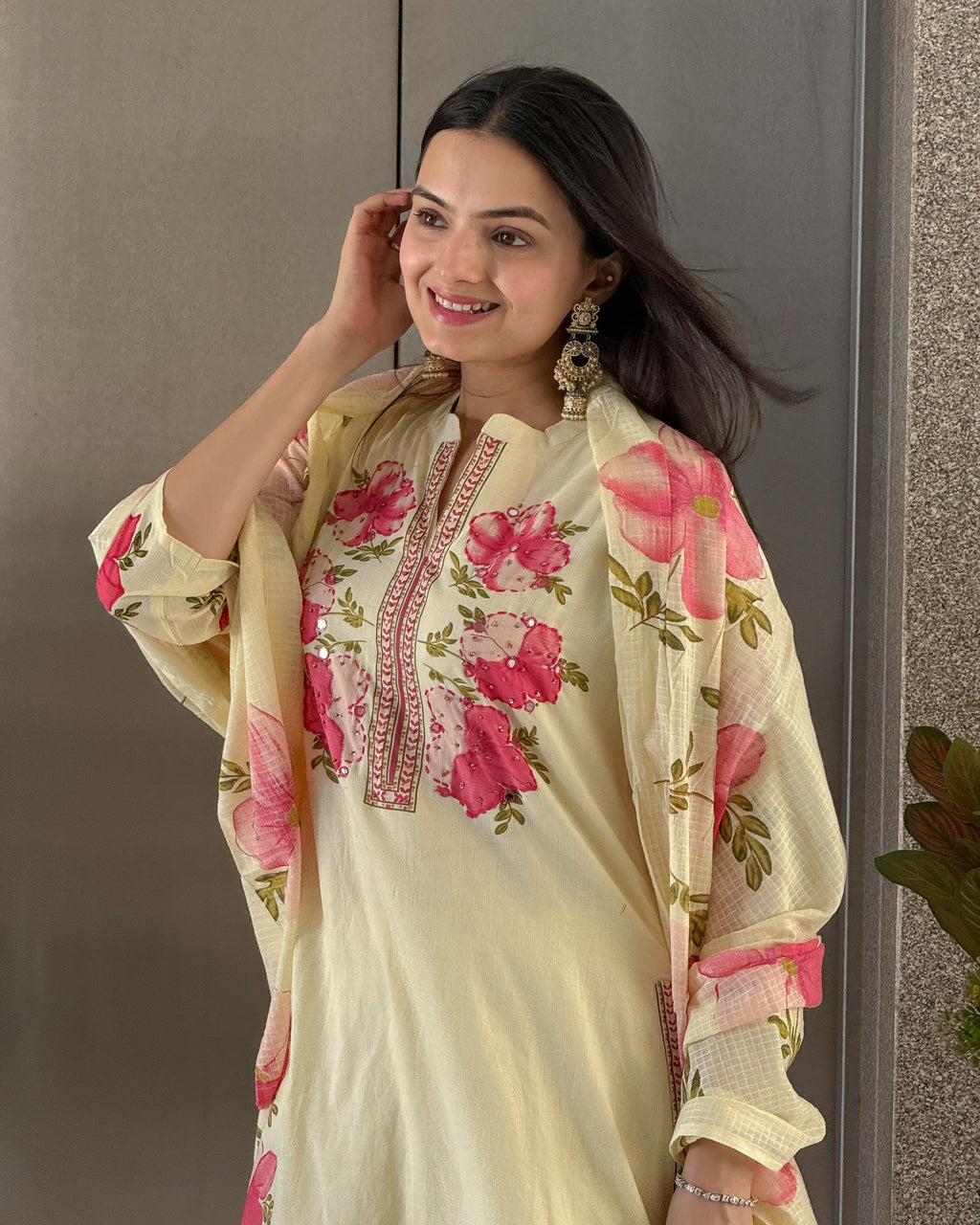 Light Yellow A-Line Kurta Pant Set With Dupatta