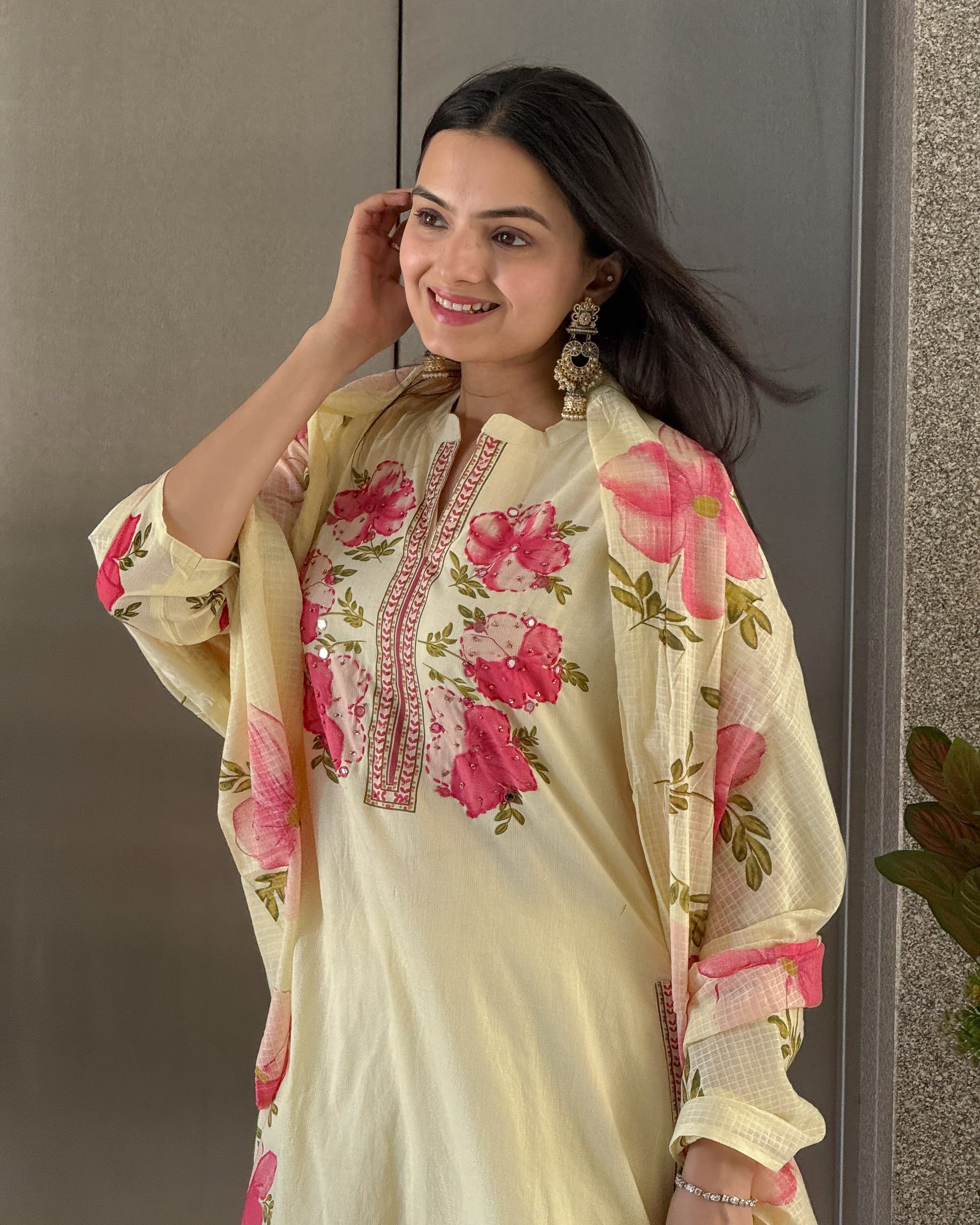 Light Yellow A-Line Kurta Pant Set With Dupatta