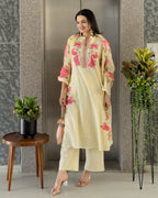 Light Yellow A-Line Kurta Pant Set With Dupatta