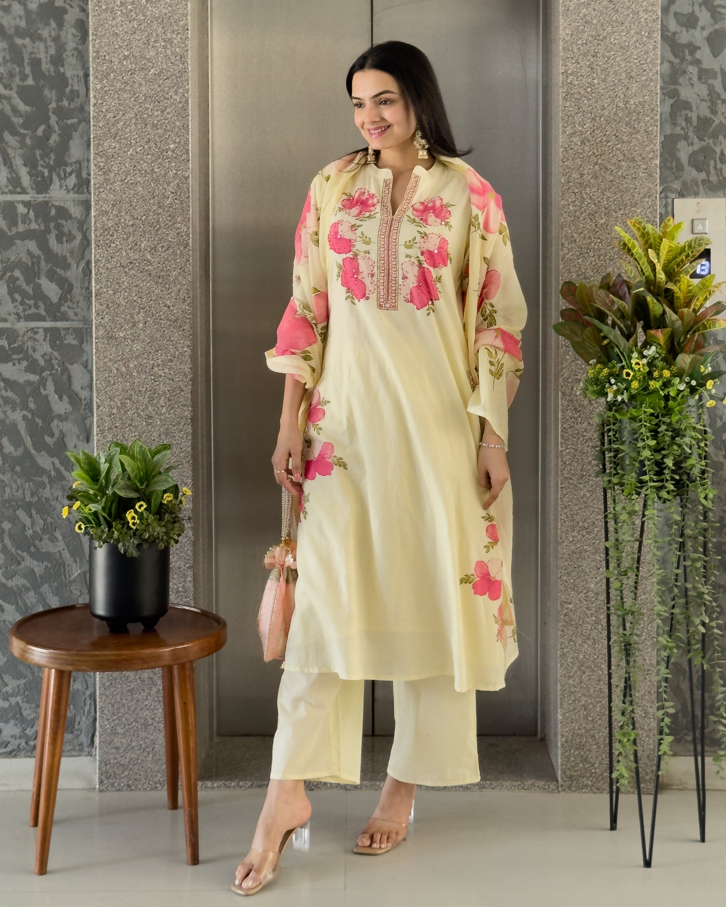 Light Yellow A-Line Kurta Pant Set With Dupatta
