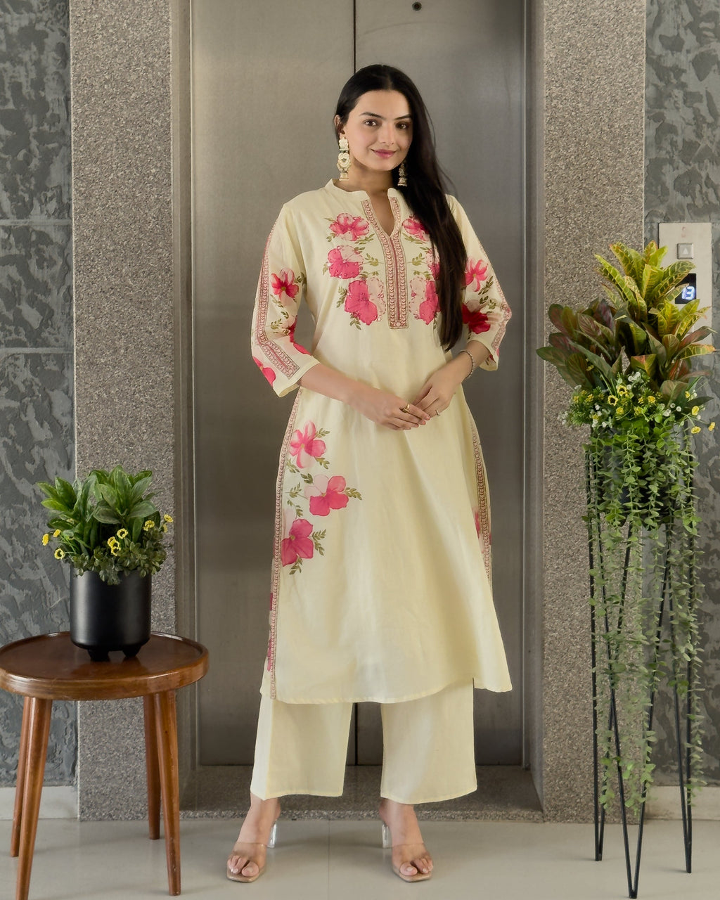 Light Yellow A-Line Kurta Pant Set With Dupatta