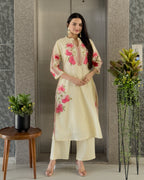 Light Yellow A-Line Kurta Pant Set With Dupatta