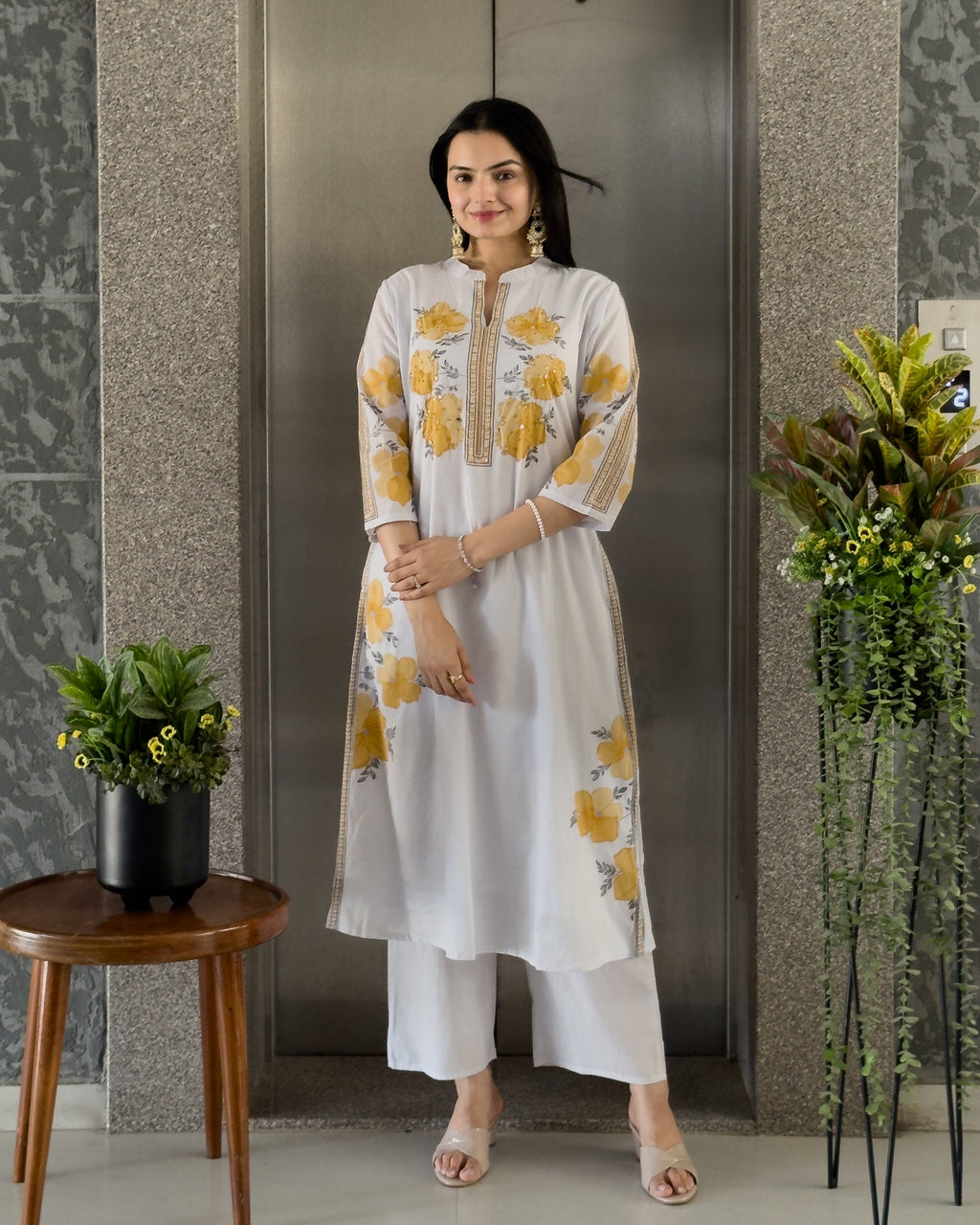 Grey A-Line Kurta Pant Set With Dupatta