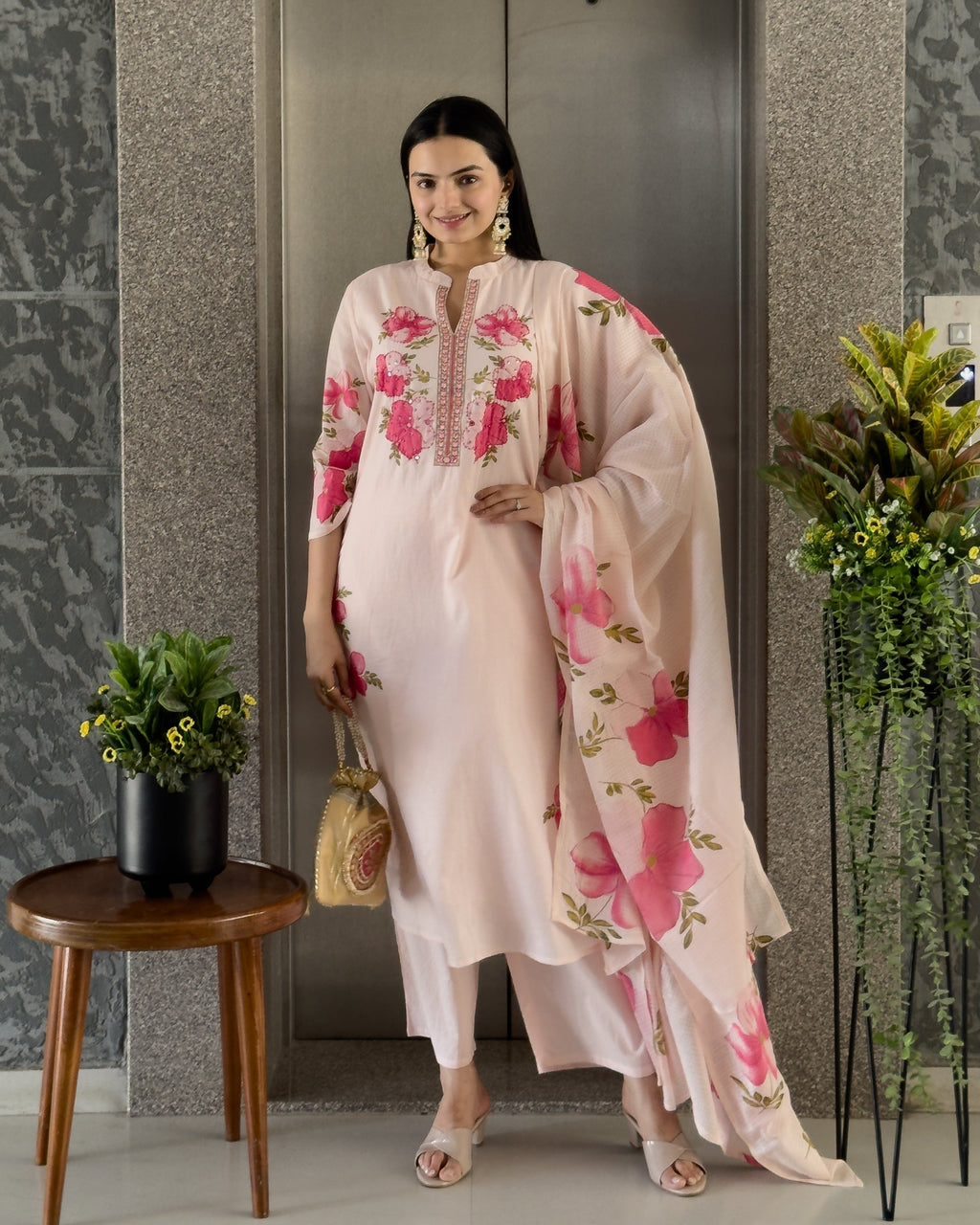 Light Pink A-Line Round Kurta Pant Set With Dupatta