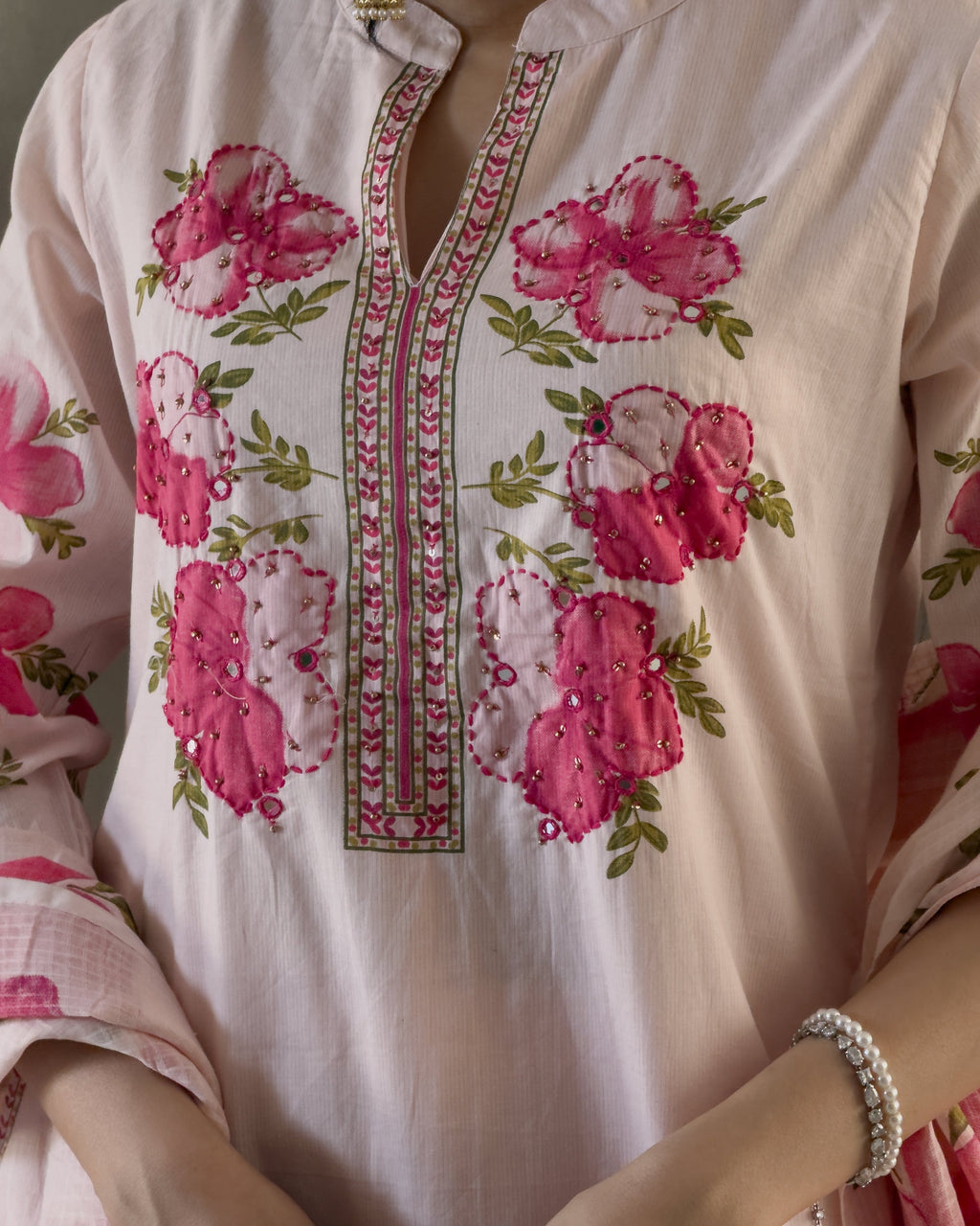 Light Pink A-Line Round Kurta Pant Set With Dupatta