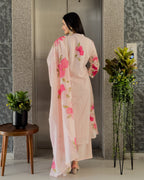 Light Pink A-Line Round Kurta Pant Set With Dupatta