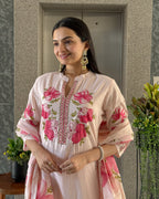 Light Pink A-Line Round Kurta Pant Set With Dupatta