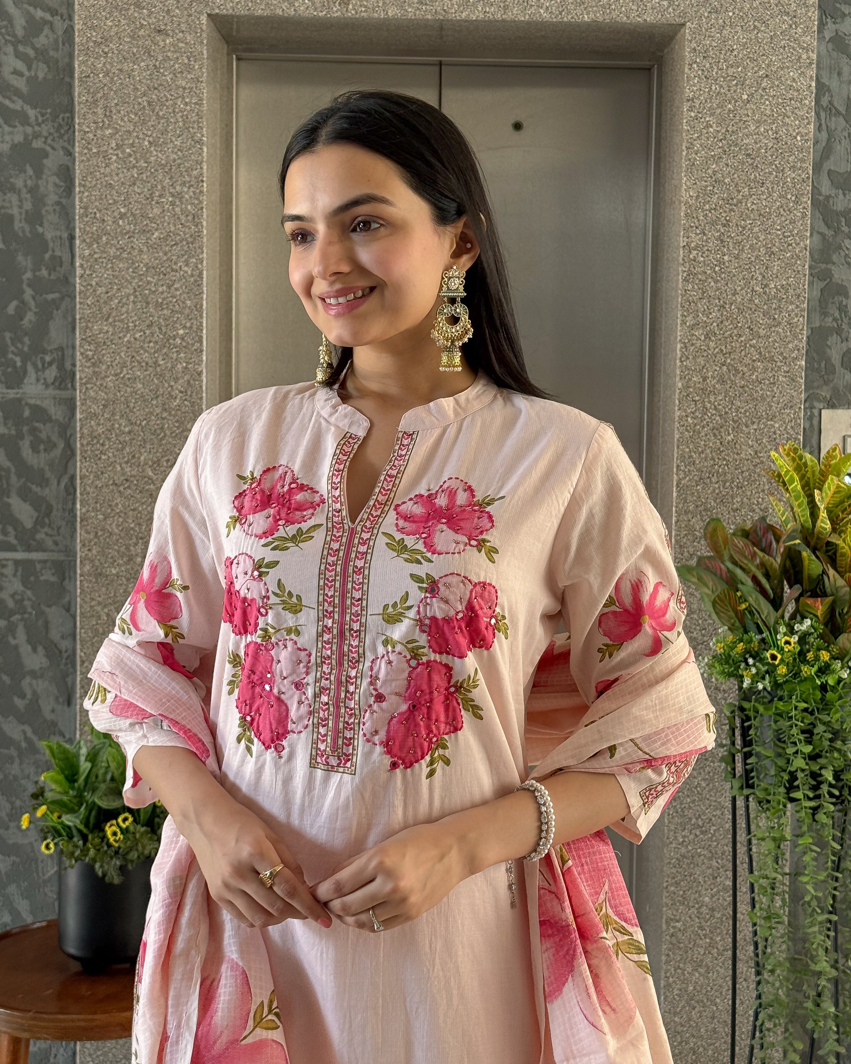 Light Pink A-Line Round Kurta Pant Set With Dupatta